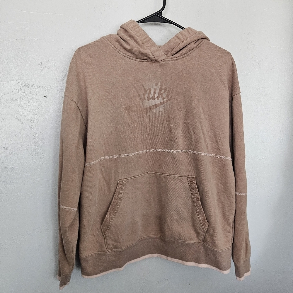 Nike Women's Medium Taupe Tan Hoodie Pullover Sweatshirt White Seams Athleisure